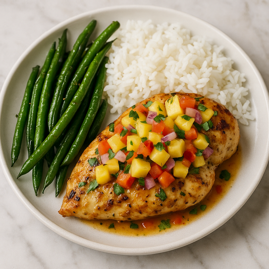 Baked Lemon and Herb Chicken Topped with Pineapple Salsa and paired with Jasmin Rice and Sautéed Green Beans